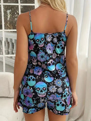 Halloween skull bone flower print suspender top shorts home wear pajamas set