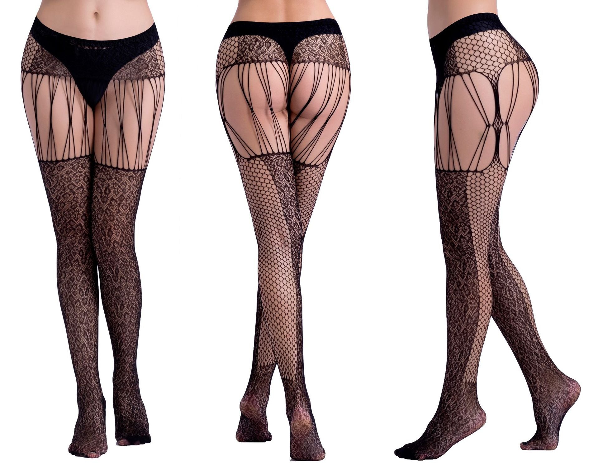 Black Hollow Suspender Jacquard Pants Fishnet Socks-33 Styles