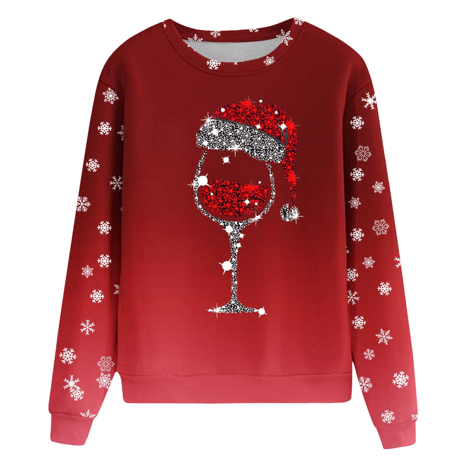 Christmas Red Wine Glass Print Long Sleeve Round Neck Ladies Top