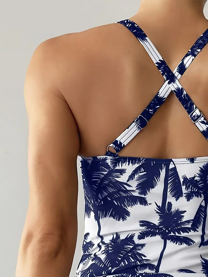 Coconut Tree Print Drawstring Straps Fashionable Belly-Covering Split Tankini Set