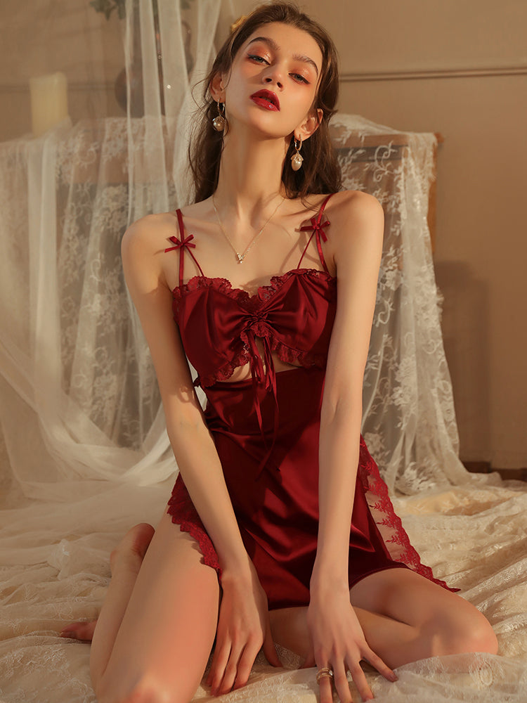 Sleeveless Split Sexy Spaghetti Straps Red One-Piece Nightgown