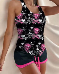 Halloween Racerback Print Tank Top and Drawstring Waist Shorts Set