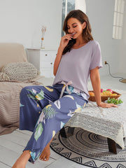 Cotton Silk Casual Pajamas Set Home Wear - Gray Top + Banana Print Trousers