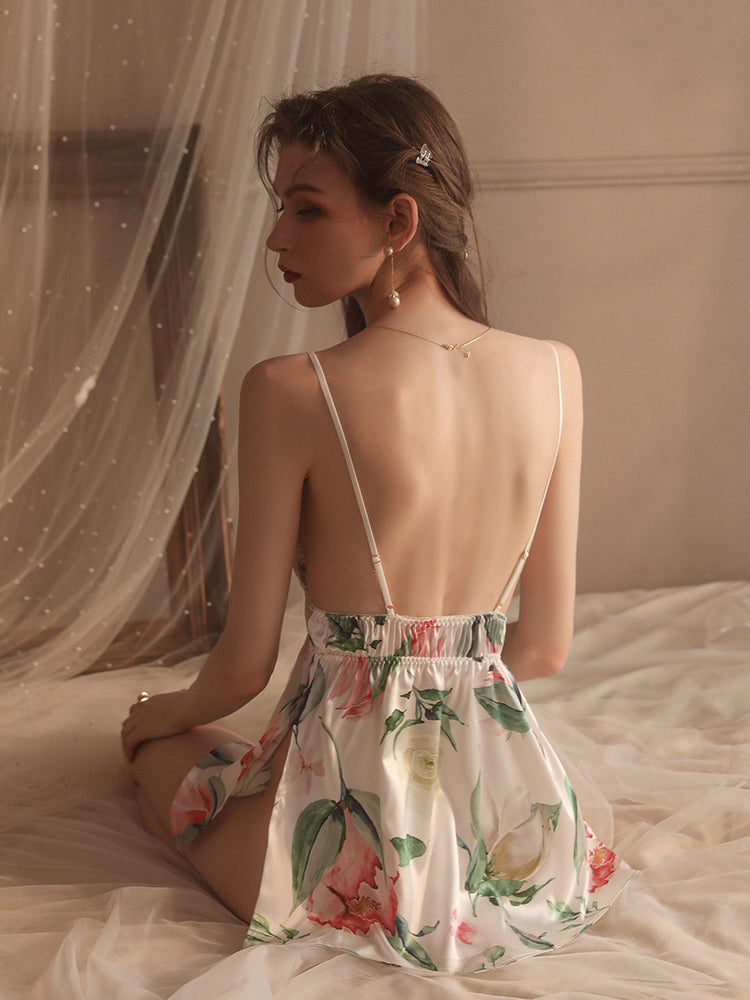 White Sleeveless Flowers Printing One-Piece Nightgown
