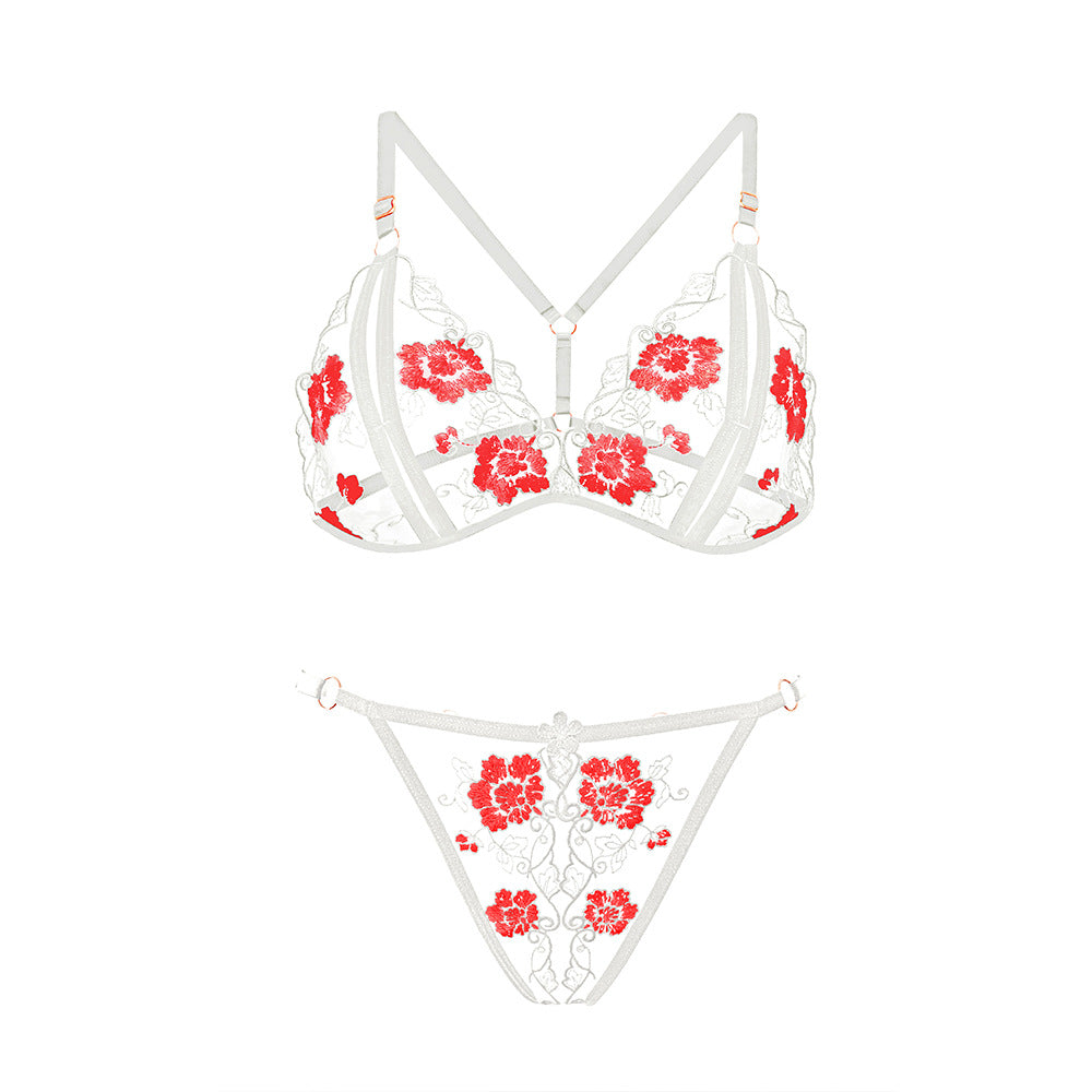 Three-Point Temptation Sexy Embroidery Open Crotch Passion Bra Set