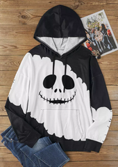 Halloween Color Block Ghost Face Kangaroo Pocket Hoodie