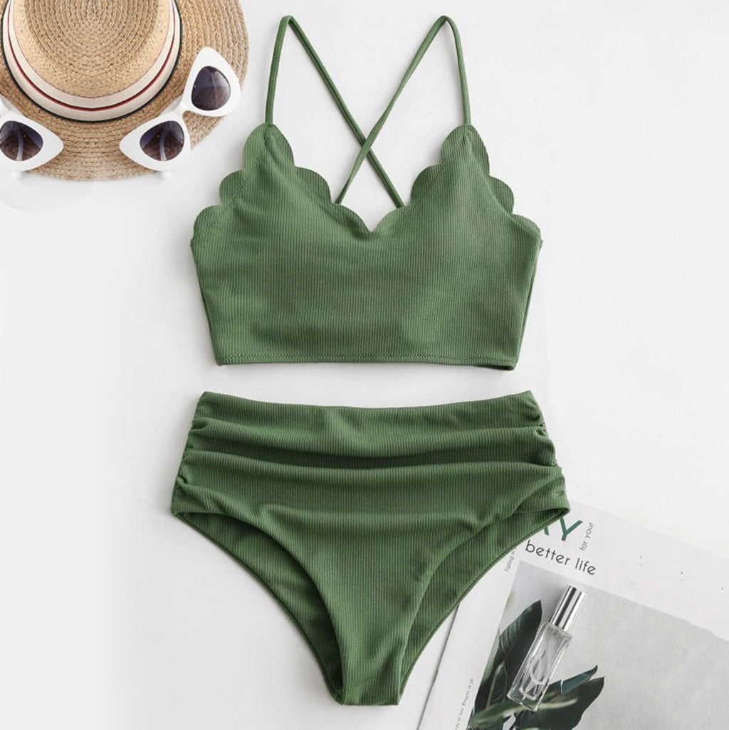 Sexy Plain Fabric Two-Piece High Waist Bikini Set Swimsuit