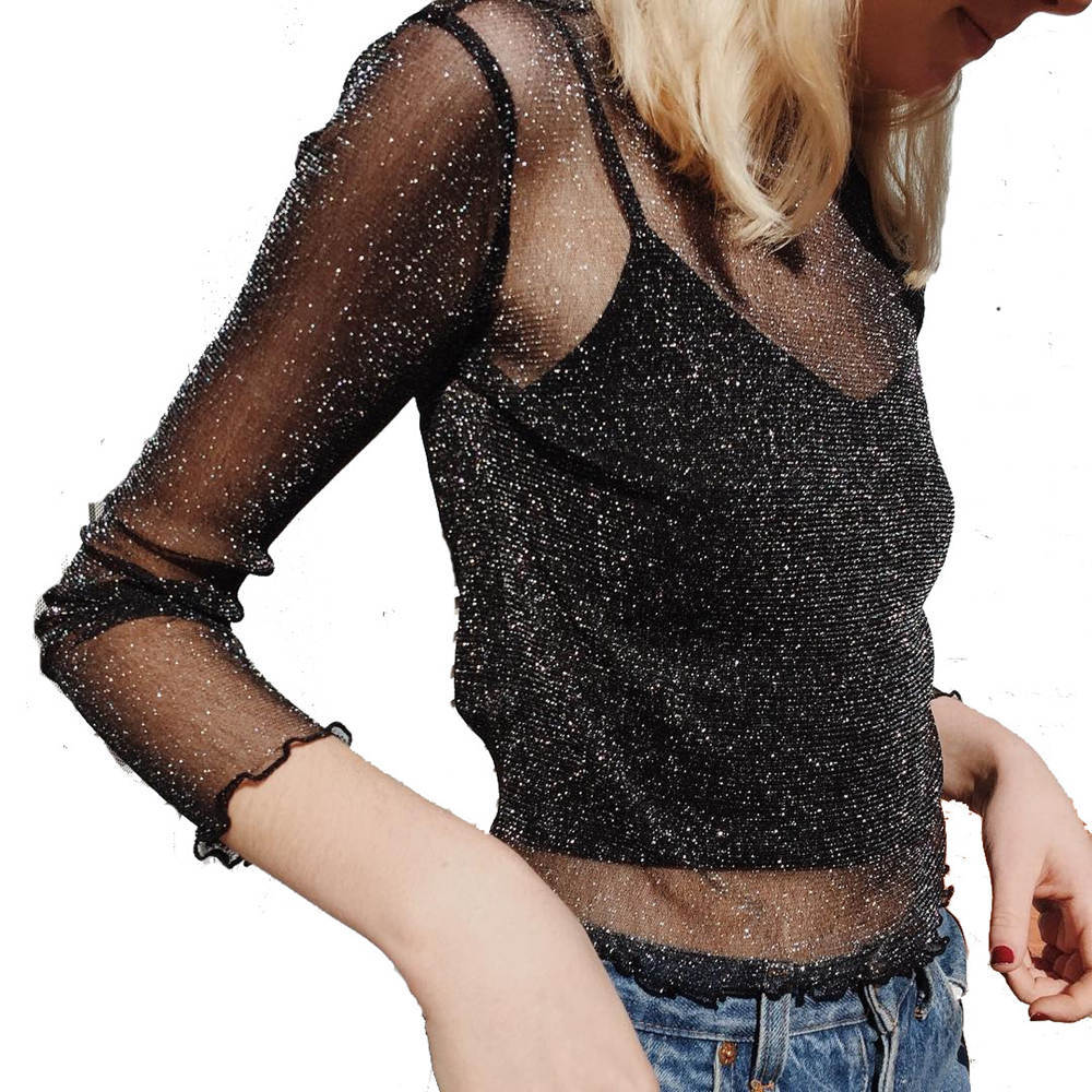 Long-Sleeved Shiny Silk Sexy Mesh Fashionable And Versatile Top