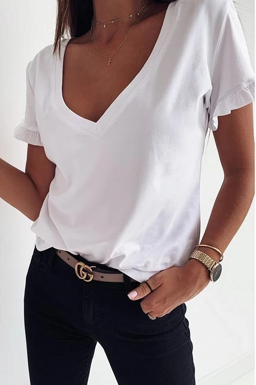 V-Neck Ruffled Short Sleeve T-Shirt