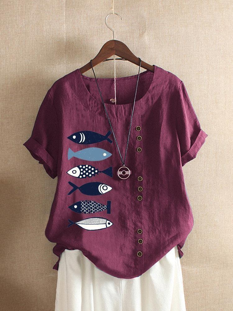 BUTTON CARTOON FISH PRINT SHORT SLEEVE CASUAL TSHIRT