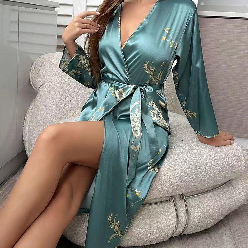 Tie-Up Bathrobe Breathable Thin Style Fashionable Cherry Print Long-Sleeved Robe