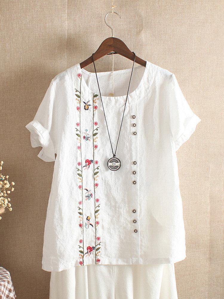 Women's Vintage Cotton Linen Embroidered Loose Short Sleeve Casual Shirts