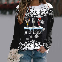 Three Red Wine Glasses Round Neck Raglan Sleeve Sweatshirt Christmas Print Long Sleeve Top