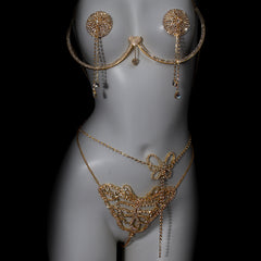 Super Hot Sparkling Diamond Bikini Thong Sexy Chest Chain Set--Gold