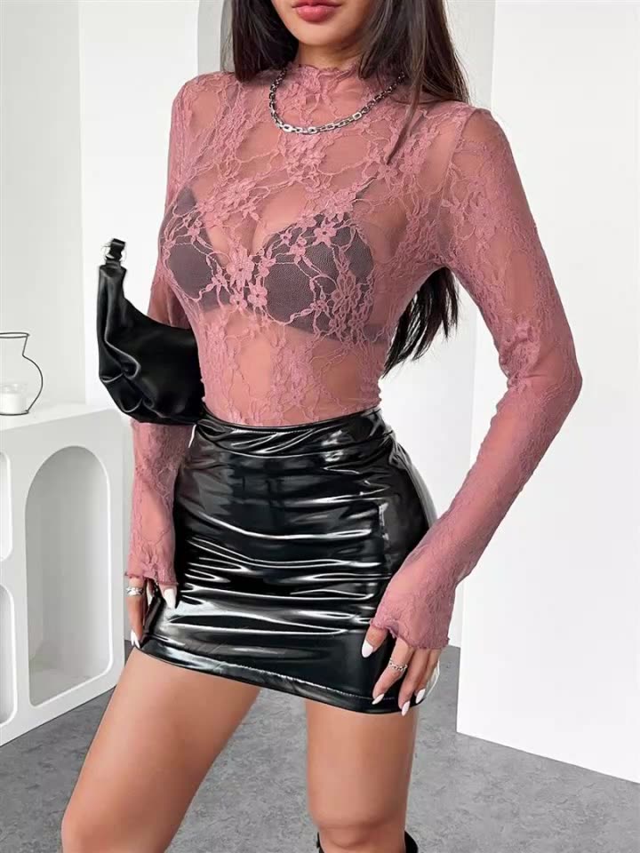 Fashionable Women's Lace Ruffled Slim Fit Long-Sleeved Top