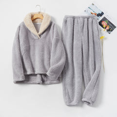 Winter Coral Fleece Pajama Pants Flannel Lapel Set Thickened Couple Homewear