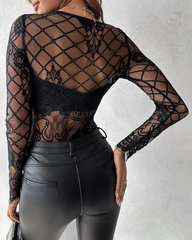 Eyelash Lace Crochet Long Sleeve Bodysuit