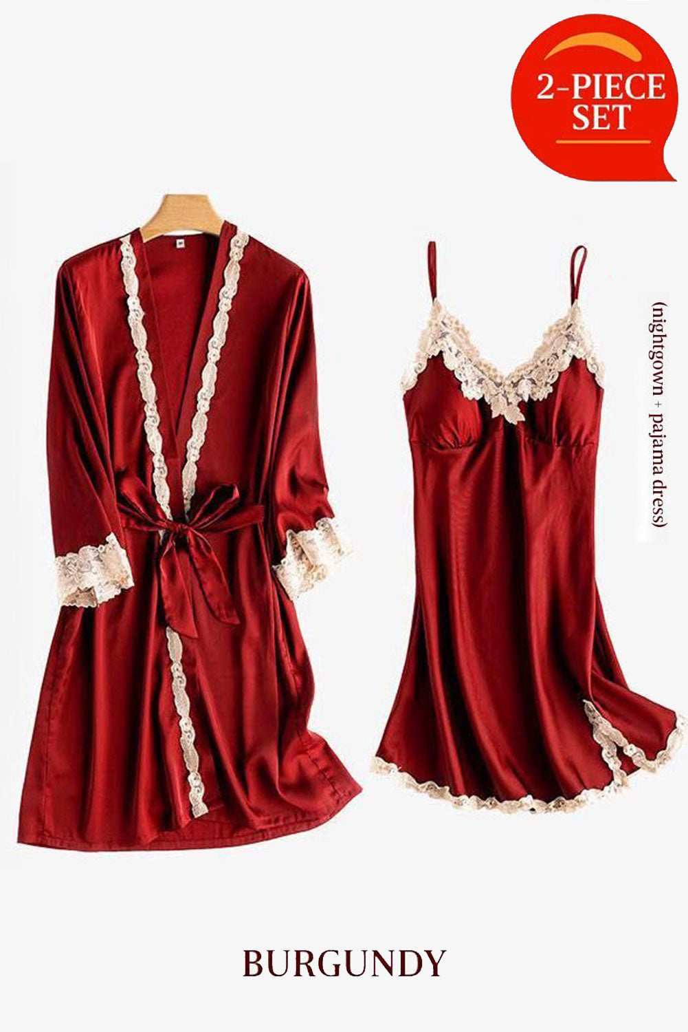 Burgundy Soft Comfortable Ice Silk Lace Pajamas 2pcs Set