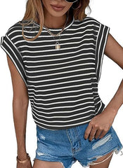 Casual Striped Print Crew Neck Dolman Sleeve T-Shirt