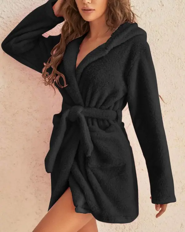 Pocket Design Hooded Belted Fluffy Robe