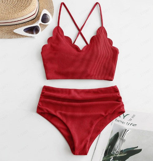 Sexy Plain Fabric Two-Piece High Waist Bikini Set Swimsuit