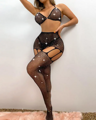 Rhinestone Decor Hollow Out Lingerie Set