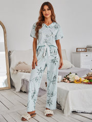 V-Neck Light Green Orchid Print Short-Sleeved Milk Silk Loungewear Suit