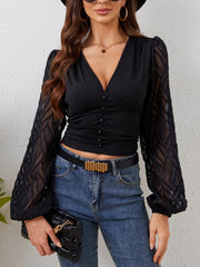 Chiffon Lantern Sleeves Pleated Waist V-Neck Long Sleeve T-Shirt