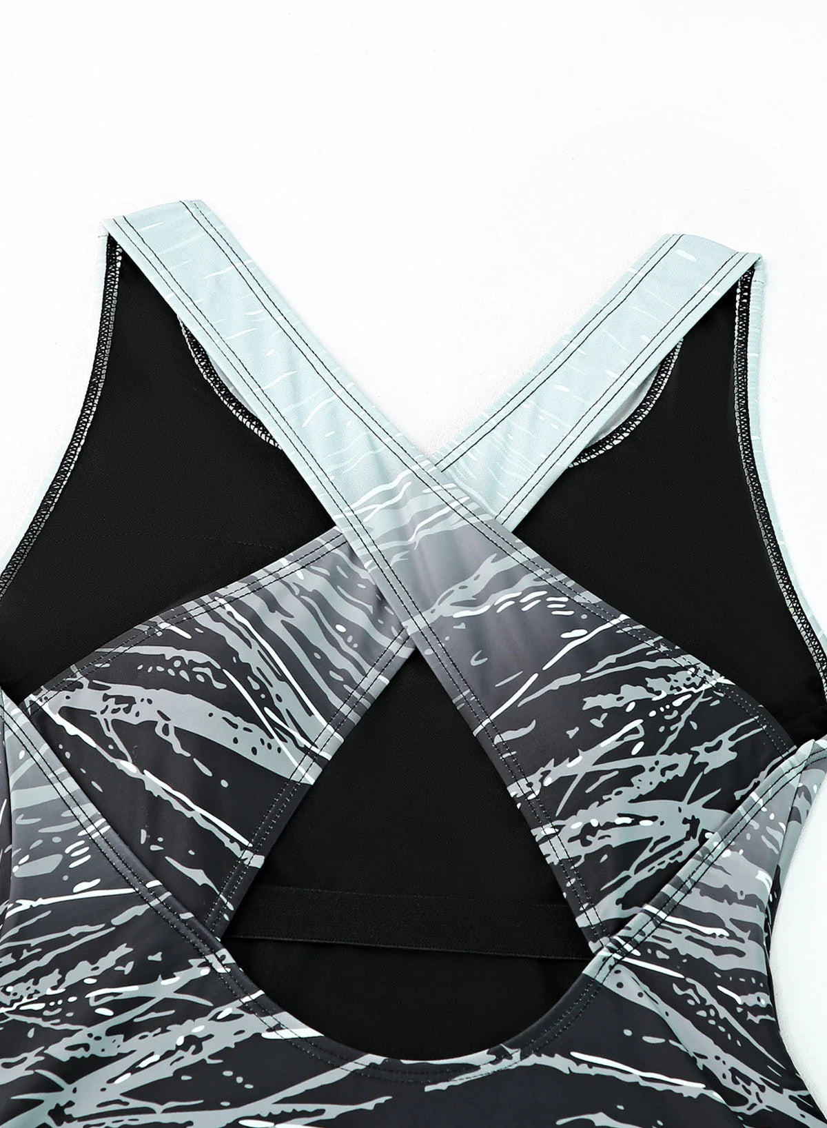 Grey Gradient Print Backless Slim Conservative Round Neck One Piece Swimsuit