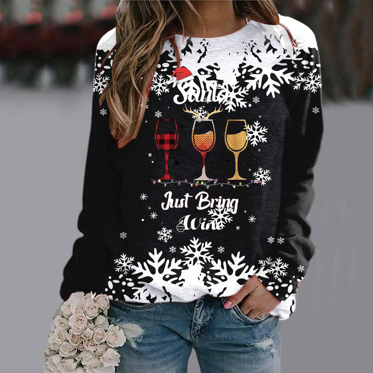 Three Red Wine Glasses Round Neck Raglan Sleeve Sweatshirt Christmas Print Long Sleeve Top