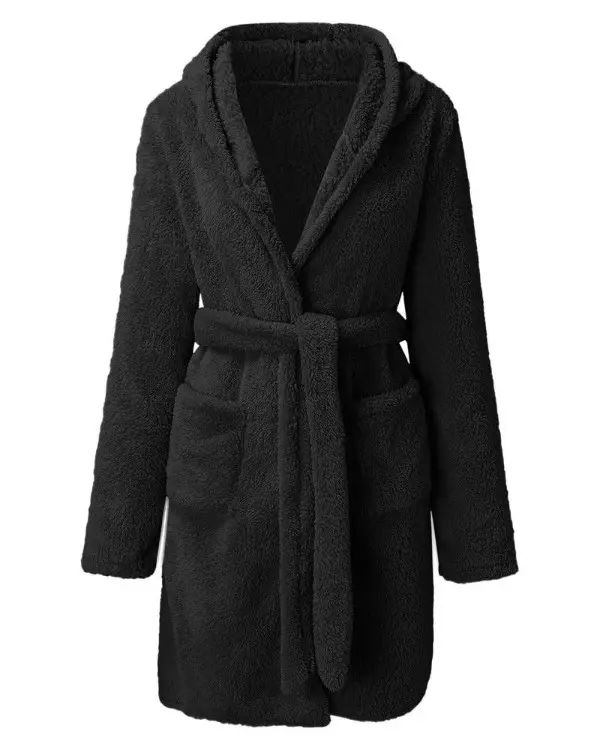 Pocket Design Hooded Belted Fluffy Robe