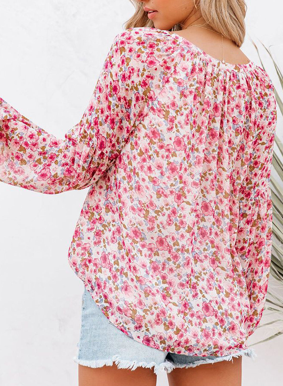 Long-Sleeved V-Neck Floral Chiffon Shirt