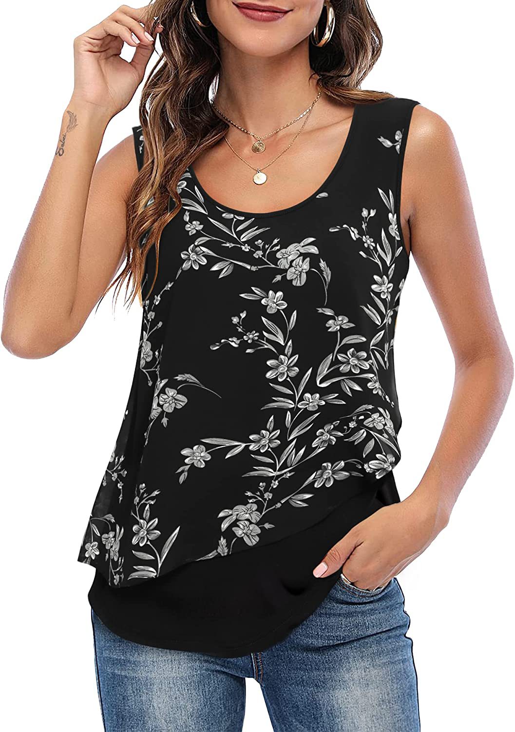 Summer Vest U-Neck Printed Pleated Sleeveless Top