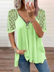 Casual Lace Patchwork V-neck Hollow Out T-Shirts