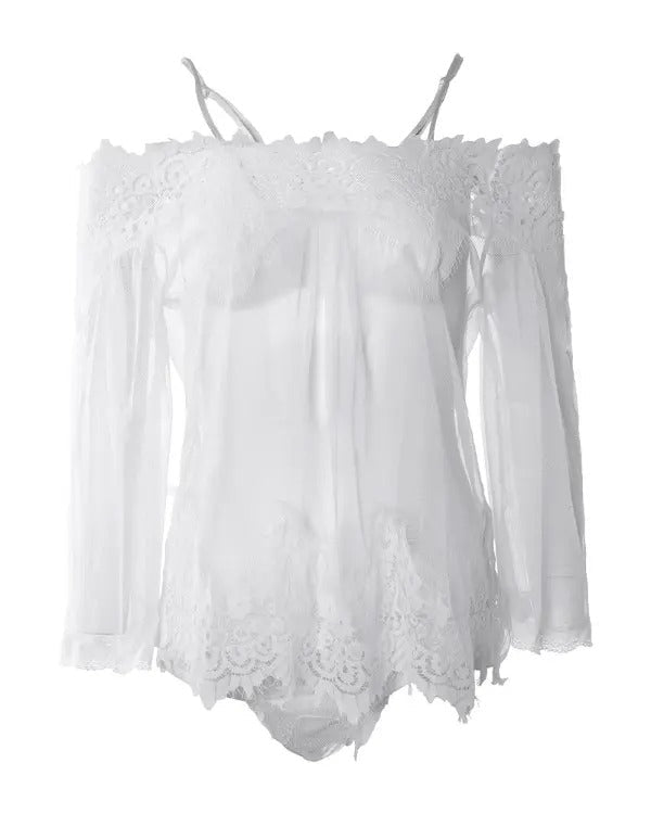 Eyelash Lace Sheer Mesh Cold Shoulder Babydoll