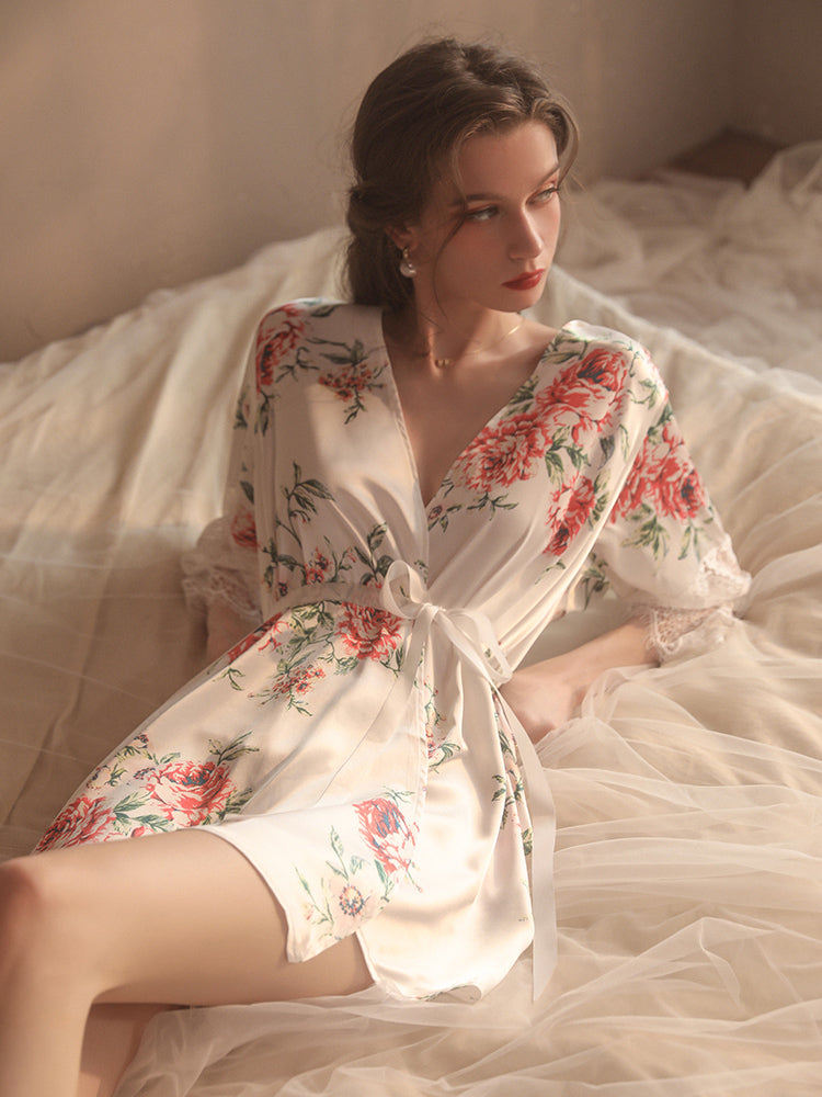 V-Neck 3/4 Sleeves Flowers Printing One-Piece Robe