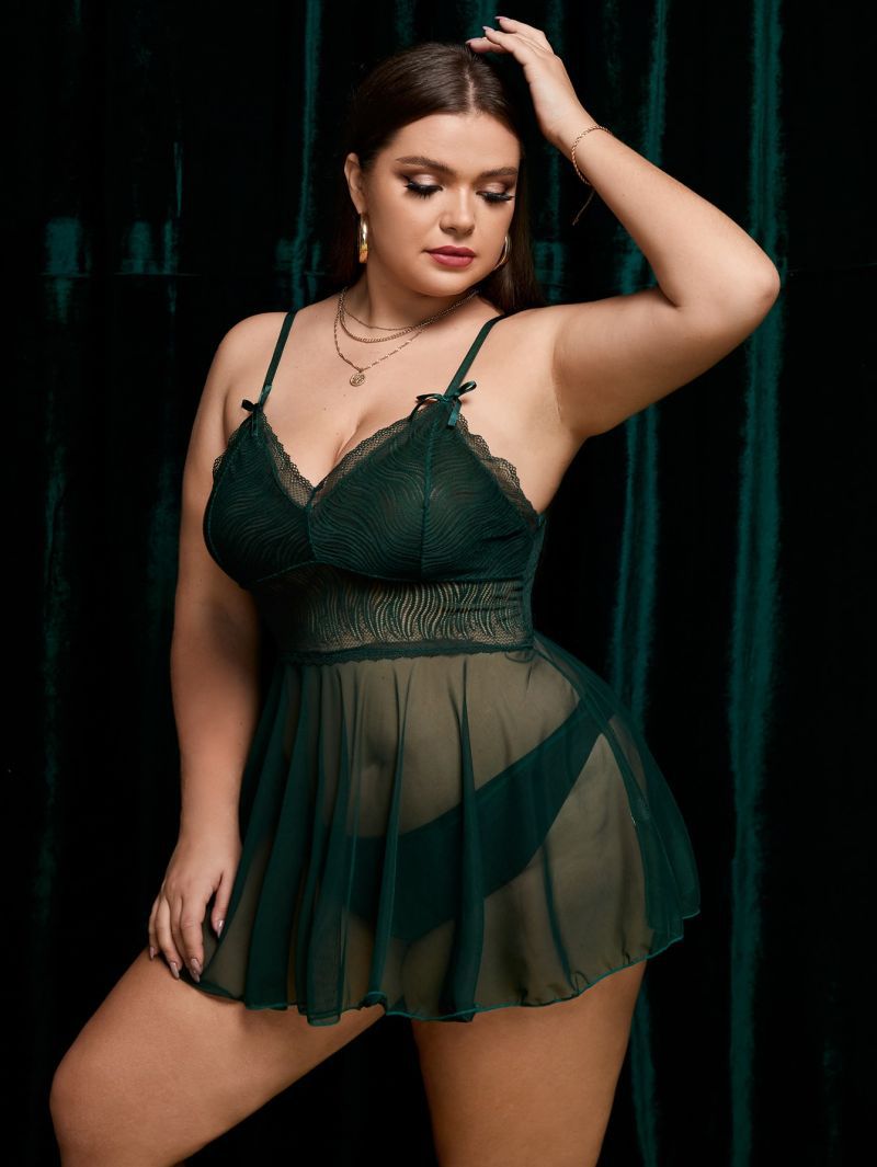 Plus Size see-through sexy suspender bow backless deep V hip-hugging pajamas