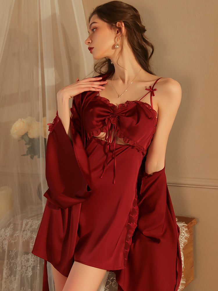 Sexy Split Lace Sleepwear Red Two-Piece Slip Dress & Robe Set With Belt