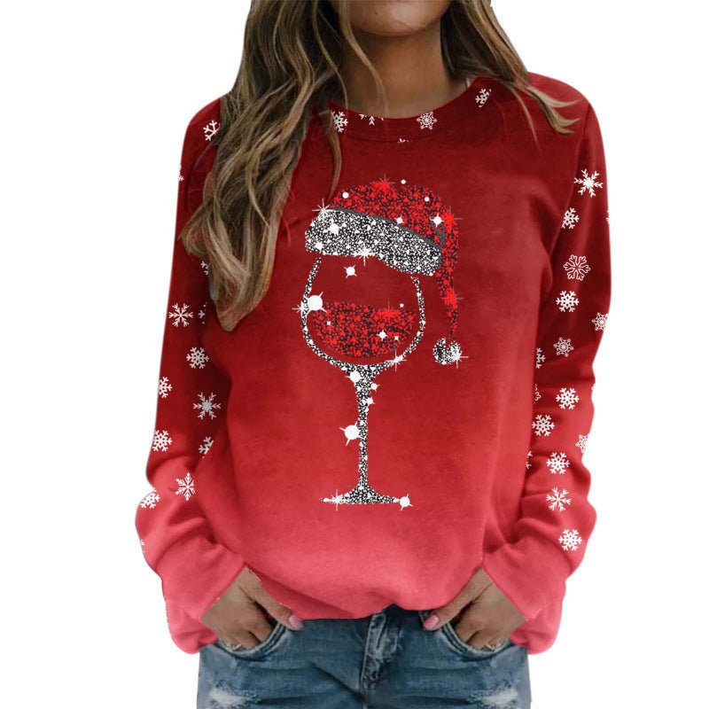 Christmas Red Wine Glass Print Long Sleeve Round Neck Ladies Top