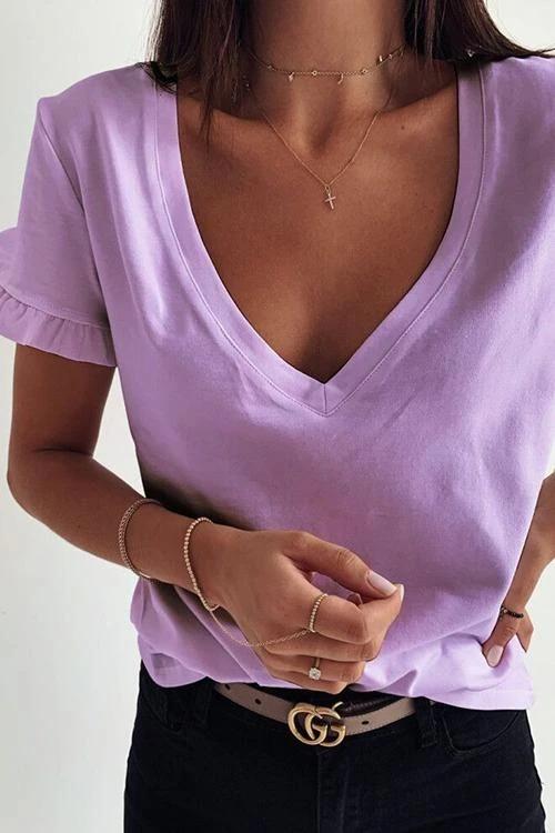 V-Neck Ruffled Short Sleeve T-Shirt