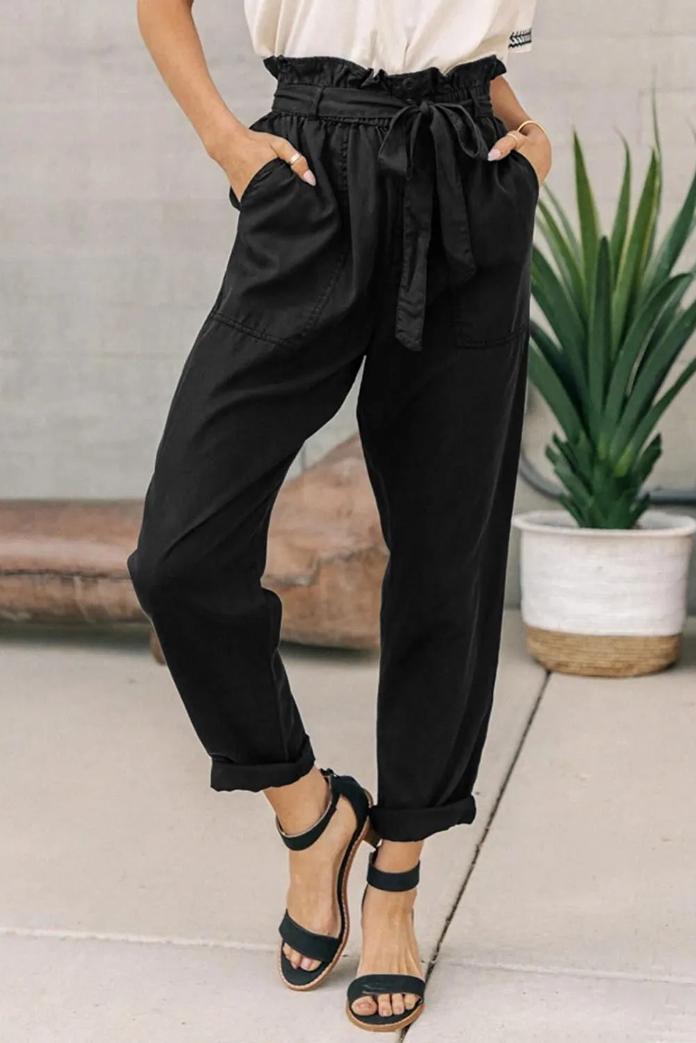 Gray Paper Bag Elastic Waist Casual Pants