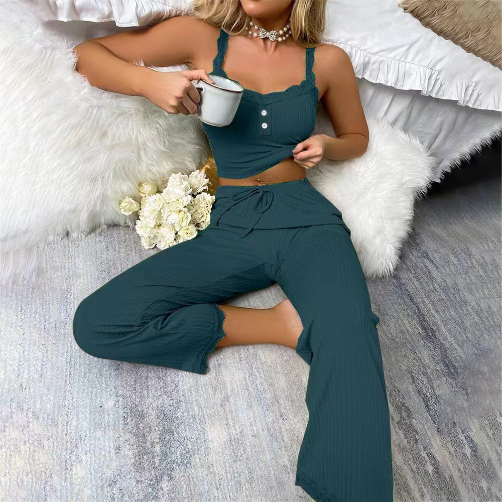 Rib Strip Casual Wearable Homewear Lace Suspenders Trousers Pajamas Set