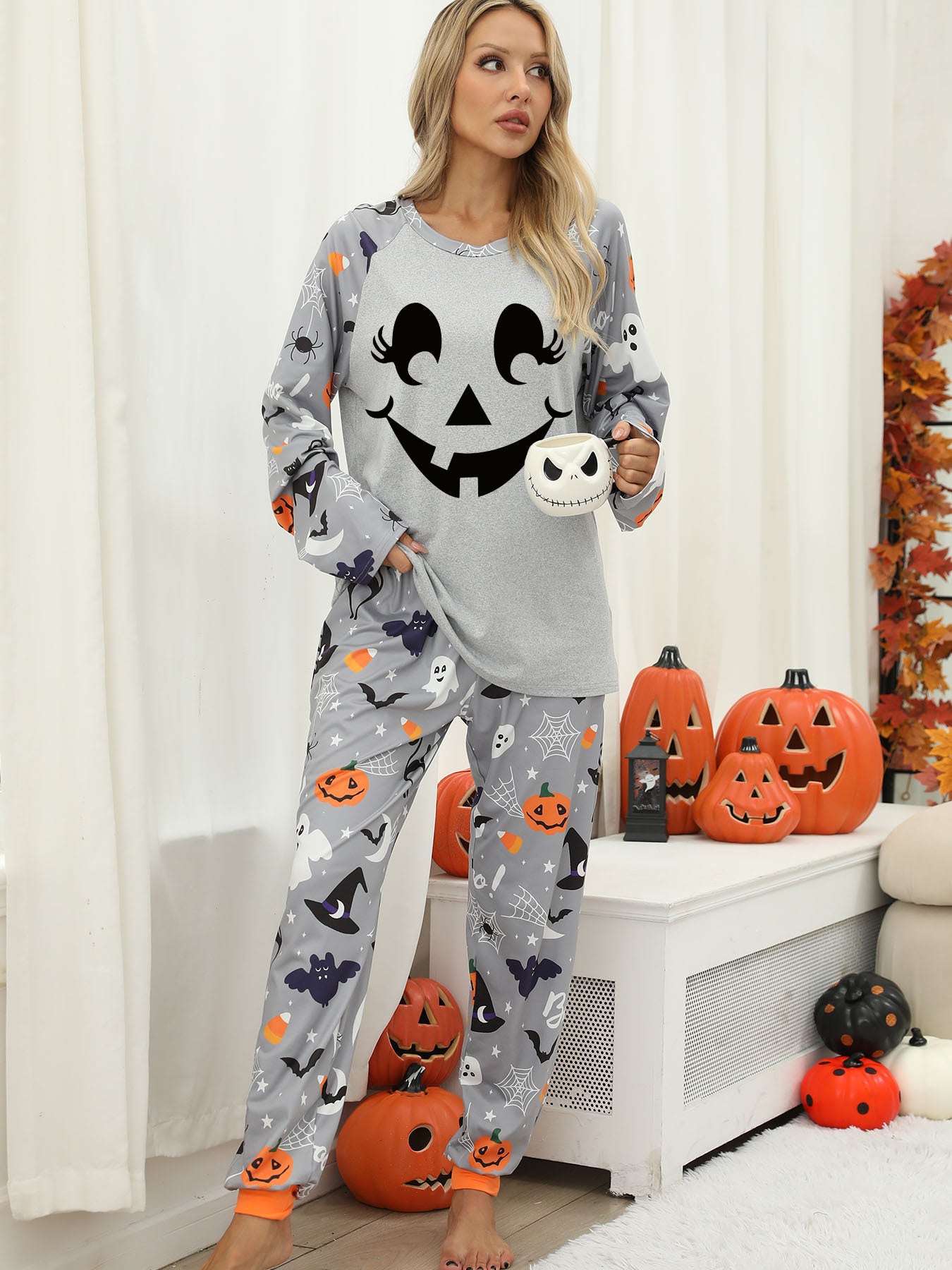 Halloween Women's Printed Autumn And Winter Long-Sleeved Trousers Home Wear Suit