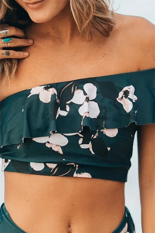 One Shoulder Green Wave Crop Orchid Bikini Set