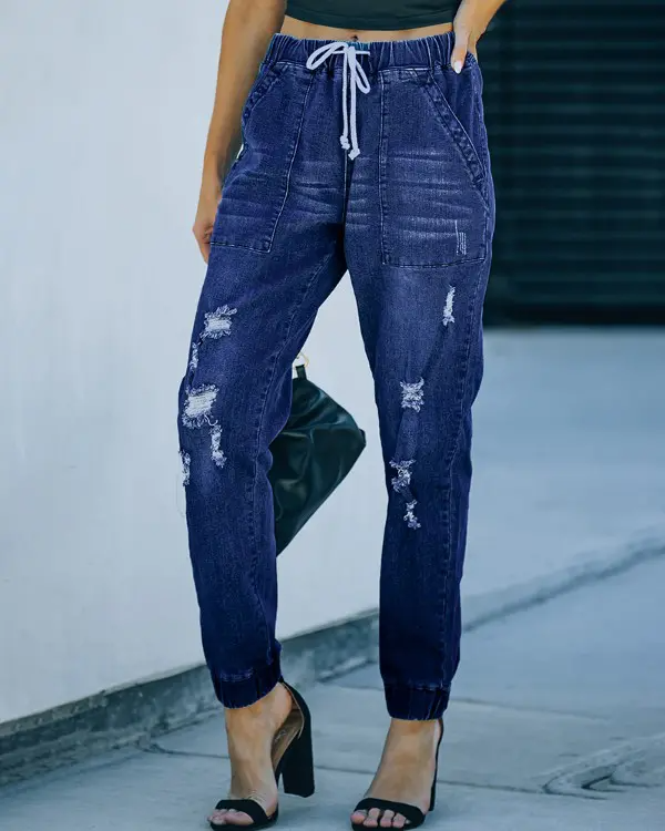 Drawstring Ripped Pocket Design Jeans