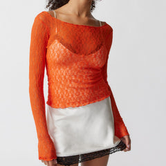 Wavy Edge Slightly See-Through Short Slim Fit Sexy See-Through Lace Mesh T-Shirt