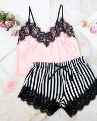 Stripe Suit Splicing Camisole Shorts Pajamas Set