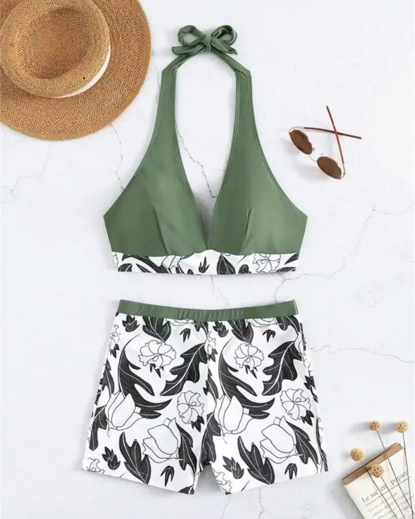 V-neck Plants Print High Waist Halter Bikini Set