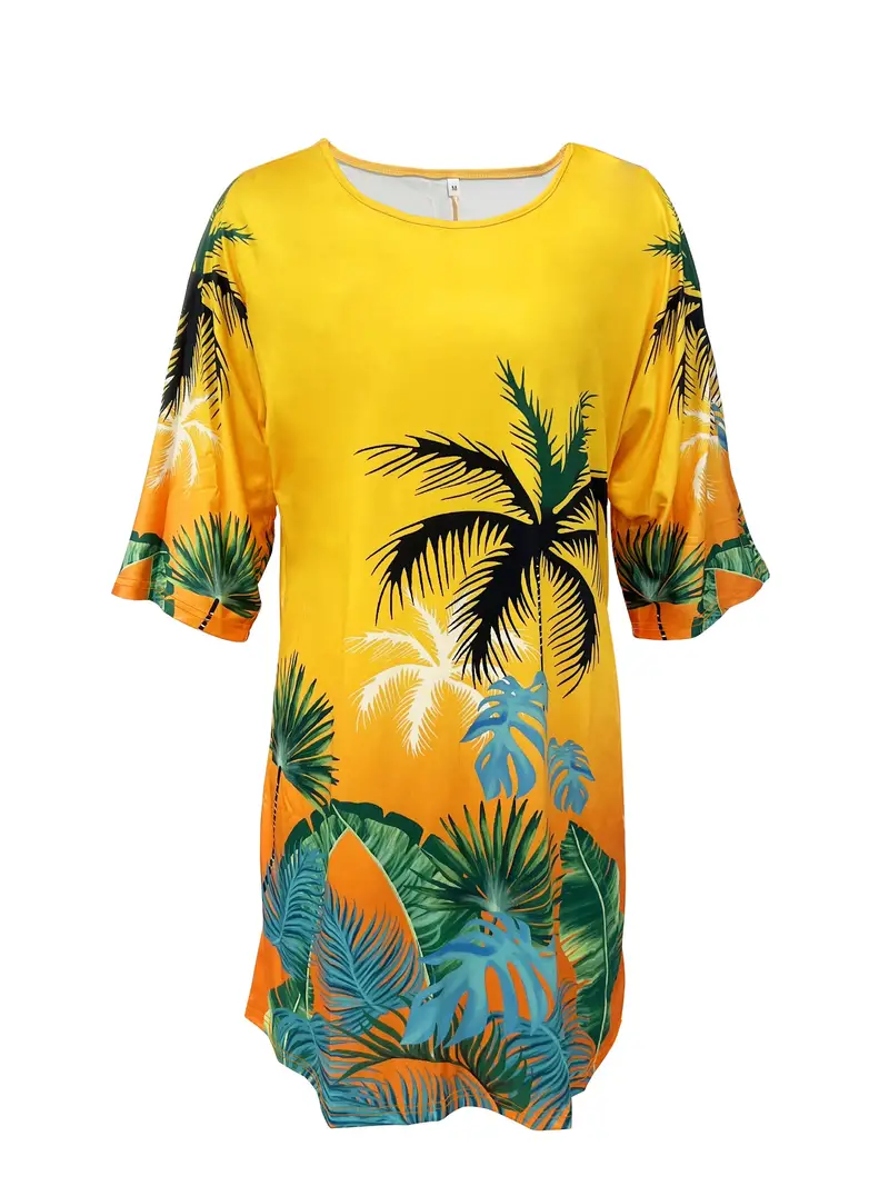 Coconut Tree Print  Vacation Crew Neck 3/4 Sleeve Dress