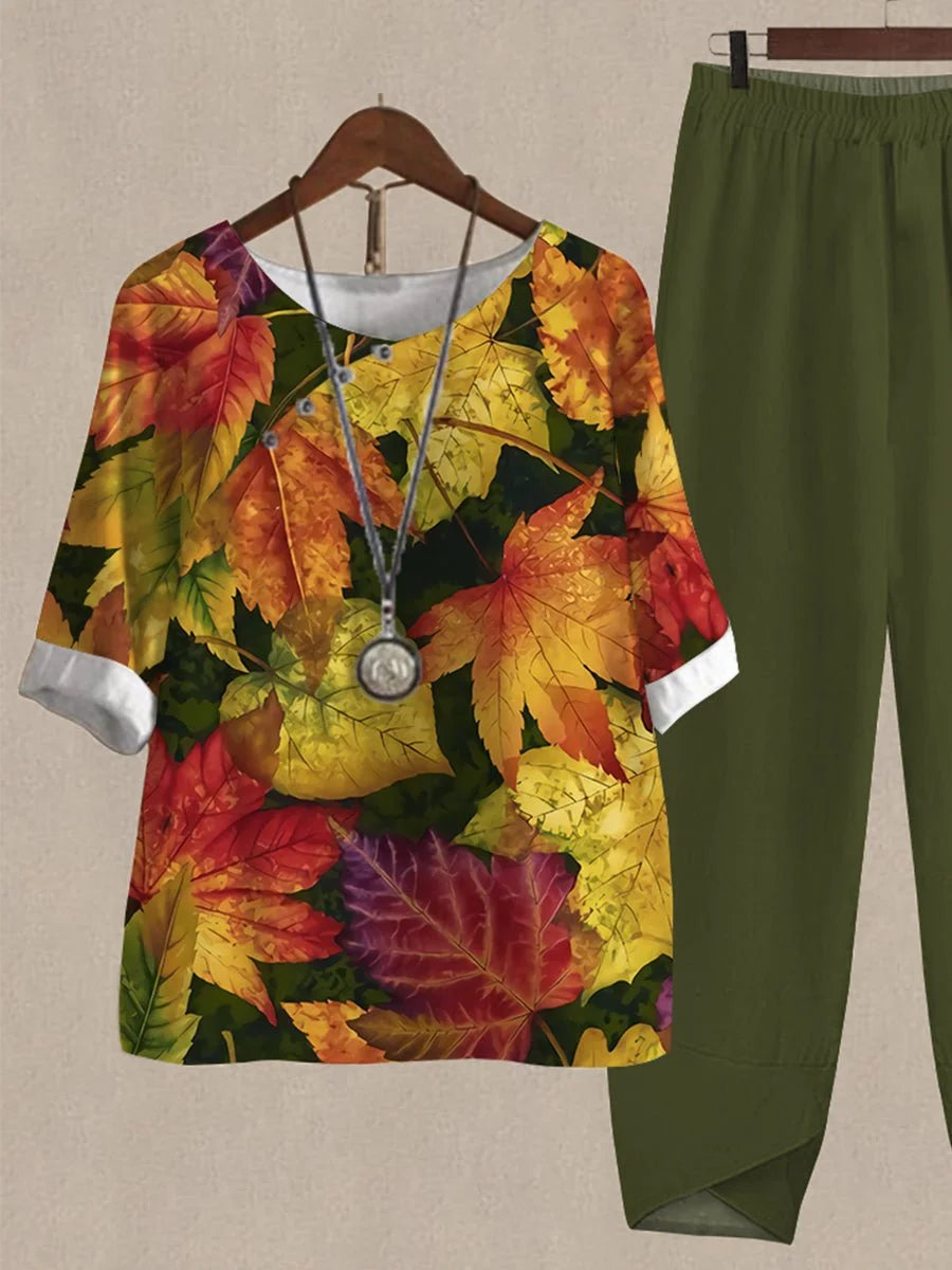 Maple Leaf Print Casual Two Piece Suits